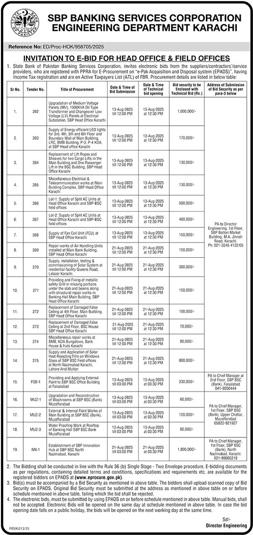 SBP Banking Services Corporation Engineering Department Karachi Tender Notice